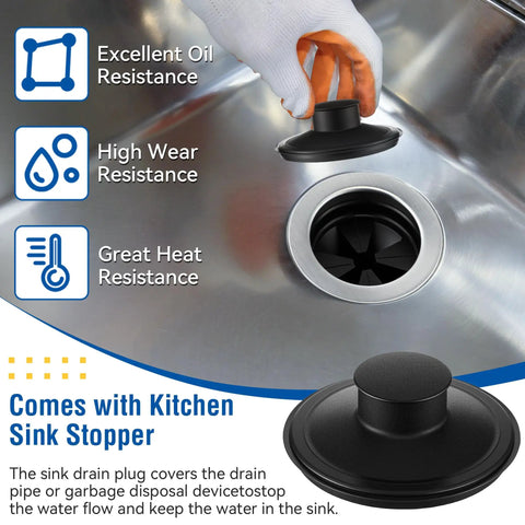 Heavy Duty Twist Lock Garbage Disposal Flange Kit Designed For Hassle Free Kitchen Sink Drain Replacement Plus Super Breezy Home Upgrade With Sleek Silver Finish with black sink stopper in sink.