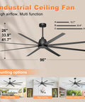 96 Inch Beefy Industrial Ceiling Fan No Light With 8 Blades Remote And App Control DC Motor 3CCT Black For Garage Shop Warehouse