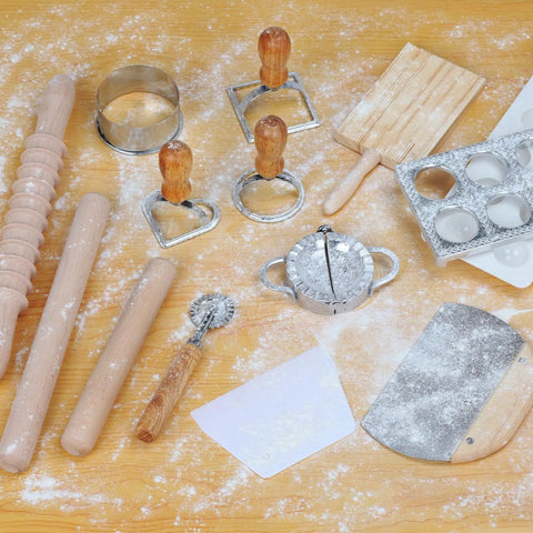 All In One Pasta Making Tools Set For Home Cooks, 14 Piece Ravioli Mold Kit with Wooden Handle, Roller Wheel Cutter, Ravioli Press Mold