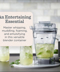 48 Ounce Aer Disc Blender Container With Self Detect Tech Tamper Low Profile And BPA Free Dishwasher Safe Goes With All Full Size Blenders For Smoothies Sauces Dressings And Creamy Whips next to two drinks