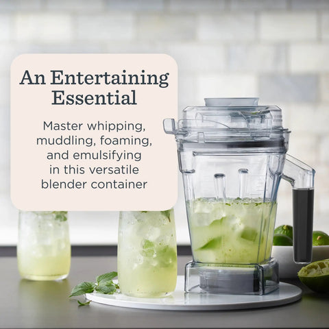 48 Ounce Aer Disc Blender Container With Self Detect Tech Tamper Low Profile And BPA Free Dishwasher Safe Goes With All Full Size Blenders For Smoothies Sauces Dressings And Creamy Whips next to two drinks