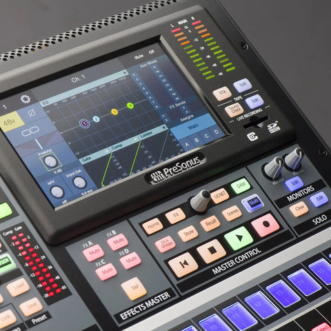 Close-up of StudioLive Series III 32SC Digital Console Mixer showing controls and screen interface with FLEX DSP.