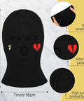 Three Hole Knit Ski Mask Balaclava for Winter Warmth, Full Face Cover with Heart Design, showcasing size and material