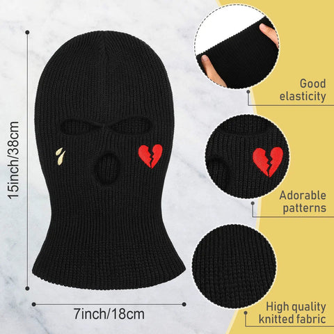 Three Hole Knit Ski Mask Balaclava for Winter Warmth, Full Face Cover with Heart Design, showcasing size and material