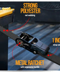 Heavy Duty Ratchet Strap Set 2300 Lb Break Strength 4 Pack 15 Feet By 1 Inch Wide With Soft Loops shown with metal ratchet.