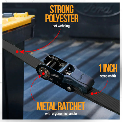 Heavy Duty Ratchet Strap Set 2300 Lb Break Strength 4 Pack 15 Feet By 1 Inch Wide With Soft Loops shown with metal ratchet.