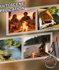 Two Pack Permanent Match Lighter Set used in camping, hiking scenes with fire pits, tents, and BBQ grill, featuring multitool keychain.