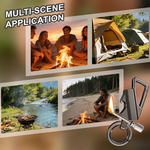 Two Pack Permanent Match Lighter Set used in camping, hiking scenes with fire pits, tents, and BBQ grill, featuring multitool keychain.