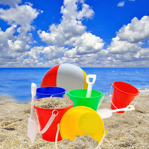 Three Pack Beach Toys Set With 5.25 Inch Buckets And Shovels on a sandy beach with colorful beach ball