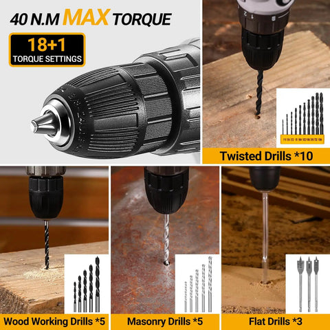 Image of 20V Cordless Power Drill Kit with torque settings and various drill bits for DIY home repairs and furniture assembly