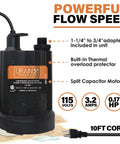 Submersible utility pump details with specifications, part of Tankless Water Heater Descaling Flush Kit With Heavy Duty One Sixth Horsepower Pump.