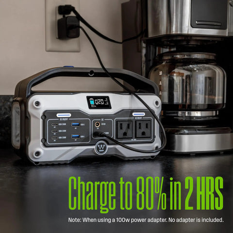 Portable Power Station and Solar Generator 400W Peak, 183Wh Lithium Battery with LED display and outlets on a counter