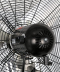 Close-up of motor and grille of 30 Inch High Velocity Industrial Pedestal Fan With 8900 CFM Beast Mode Power, showcasing sturdy design.