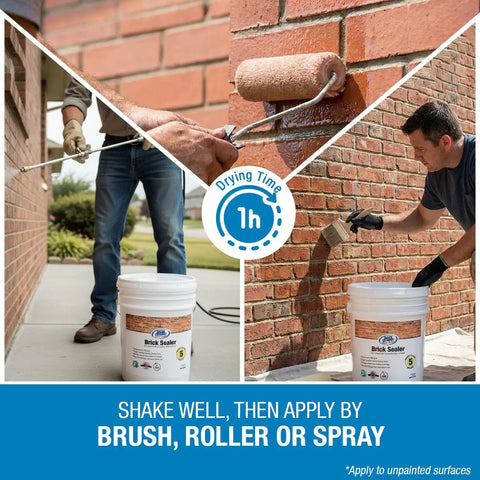 Built Tough Penetrating Brick Sealer And Mortar Waterproofer Blending Silane Siloxane Chemistry 5-gallon kit being applied with brush and roller.