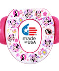 Disney Minnie Mouse Believe In Me Toddler Potty Seat With Super Cozy Cushion and No Fuss Easy Grip Handles Fits Regular And Elongated Toilets with pink design and made in USA logo.