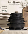 Stacked nonstick titanium 19 piece pots and pans set for induction cooktops no fuss cleanup non toxic healthy kitchenware.