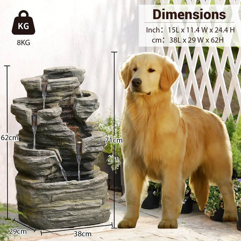 Six Tier Cascading Rock Outdoor Water Fountain with Lights next to a dog, 24.4 inch high, for garden patio backyard deck