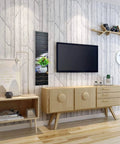 Vertical Slatwall Art Panel 12 By 40 Inches With Mesmerizing Deep Space Stars Graphic, pre-laminated MDF, installed on wall in living room.