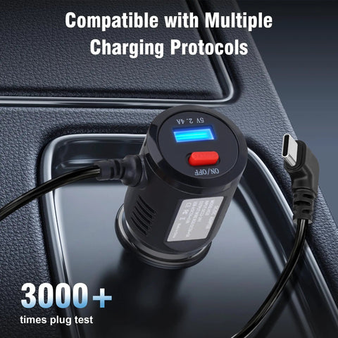 Road Ready Dual Port USB C Car Charger pumping out 27W fast charge with 90-degree swivel plug and toggle switch.