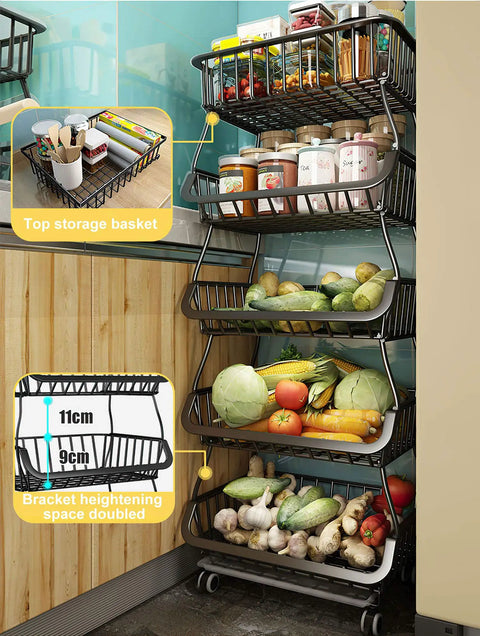 Five Tier Built Tough Metal Wire Rolling Cart Stackable Produce Basket With Smooth Gliding Casters Rust Resistant Black Finish Maximum Airflow Holds Up To 180 Pounds Quick Swap Trays For Kitchen Pantry Closet