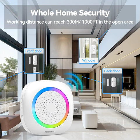 Wireless Door Chime Sensor Alert With 1000 Ft Range, 61 Melodies, 5 Volume Levels, RGB LED Light, Instant Door Open Notifications For Home Office Store, Perfect For Kids Seniors And Dementia Care on front door, window and back door