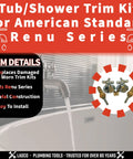 Image featuring Two Valve Tub And Shower Trim Kit For American Standard Renu Series Chrome Finish Includes Stems Handles Flanges And Nipples Universal Replacement Kit For Worn Trim Easy DIY Friendly Install, shown alongside item details and bathroom setting.