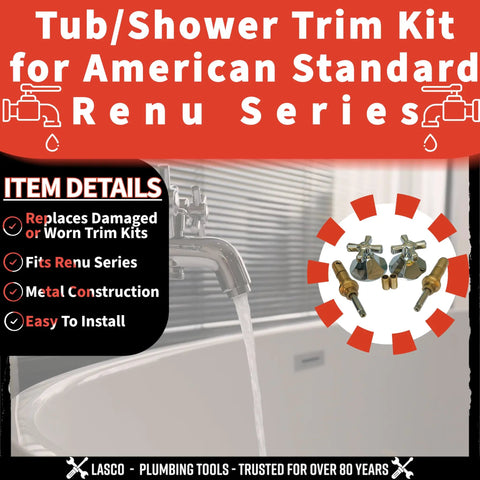 Image featuring Two Valve Tub And Shower Trim Kit For American Standard Renu Series Chrome Finish Includes Stems Handles Flanges And Nipples Universal Replacement Kit For Worn Trim Easy DIY Friendly Install, shown alongside item details and bathroom setting.
