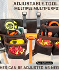 13 Pocket Framers Tool Belt Set With 4 Pc Leather Pouch Kit, 2 Inch Heavy Duty Belt And Hammer Holder, tools organized inside pouches.