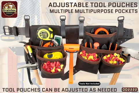 13 Pocket Framers Tool Belt Set With 4 Pc Leather Pouch Kit, 2 Inch Heavy Duty Belt And Hammer Holder, tools organized inside pouches.