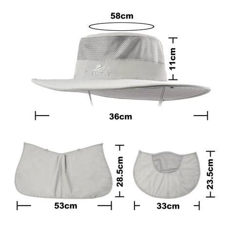 Dimensions of Sun Protection Hat With 360 Degree UPF 50 Shield And Removable Neck Flap For Men And Women, shown in light grey.