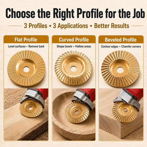Three Piece Tungsten Carbide Wood Carving Disc Set For Your Angle Grinders With Polishing Pad Fits Four And A Half To Five Inch Grinders Seven Eighth Inch Arbor Includes Vibration Dampening Gaskets For Smooth Cutting Sanding And Shaping flat curved and beveled profiles