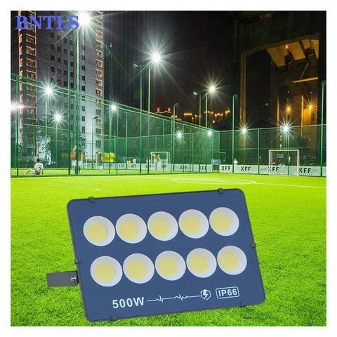 Ultra High Output Led Flood Light Heavy Duty Weather Proof Security Beacon Projector Bulb 500W in a sports field at night.