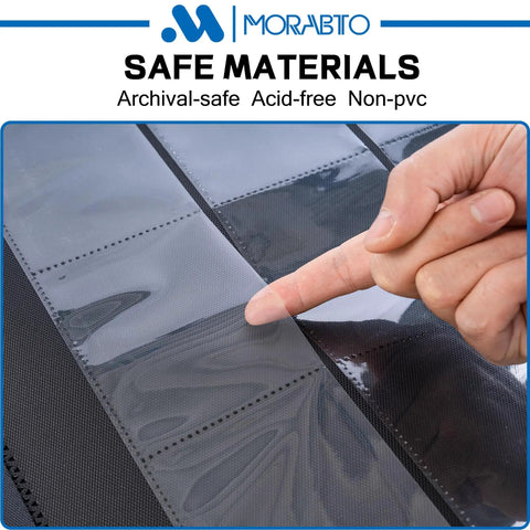 Hand pointing to a page in the Top Loader Card Binder With 18 Double Sided Pages, Holds 324 3x4 Top Loaders, Rugged Black Hard Plastic Binder