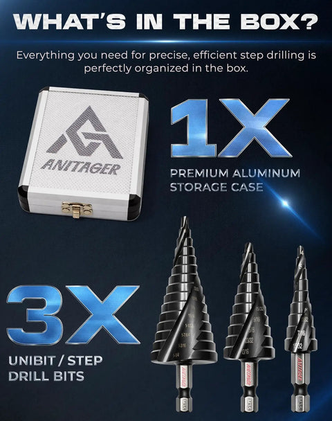 Rugged Step Drill Bit Set With M35 Cobalt HSS TiAlN Coating For Tough Jobs, 3-Piece ANITAGER Pack, aluminum case, hex shank