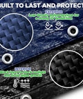 Heavy Duty 18 Ft Round Winter Pool Cover For Above Ground Pools In Navy Blue featuring low-density polypropylene and black lining.