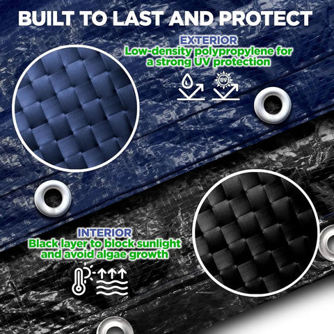 Heavy Duty 18 Ft Round Winter Pool Cover For Above Ground Pools In Navy Blue featuring low-density polypropylene and black lining.