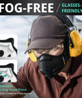 Man wearing black Dust Mask With Carbon Filters And Air Valves, Reusable Three Size Fit For Woodworking, Construction And Moving, Black Large