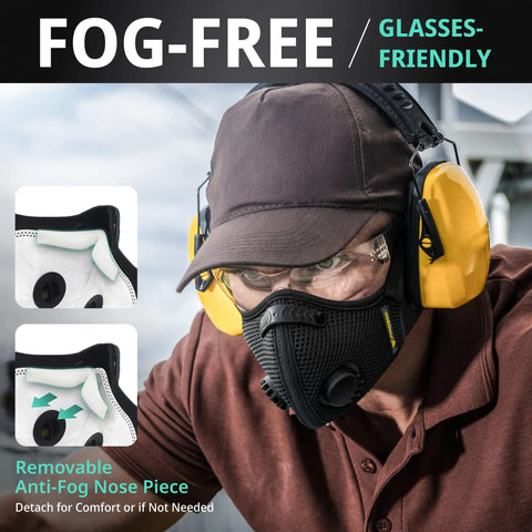 Man wearing black Dust Mask With Carbon Filters And Air Valves, Reusable Three Size Fit For Woodworking, Construction And Moving, Black Large