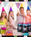 Children at a birthday party with Ice Cream Drip Baseball Drawstring Bags 48 Pack 6x8 Inch Waterproof Gift Bags on table