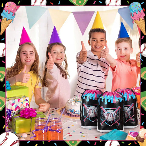 Children at a birthday party with Ice Cream Drip Baseball Drawstring Bags 48 Pack 6x8 Inch Waterproof Gift Bags on table