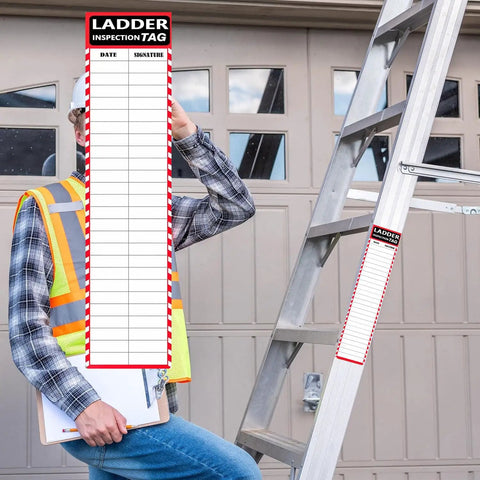 Kickass Ladder Inspection Labels And Heavy Duty Self Adhesive Red Safety Stickers 50 Pack 8.5 By 2 Inch Step Maintenance Tracking Tags For Jobsites And Hard Hat Zones