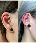 Close-up of ears with Soft Silicone Ear Gauge Kit 13 Pairs 26 Pieces From 3mm To 25mm Flexible Tunnels Plugs Set