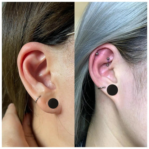 Close-up of ears with Soft Silicone Ear Gauge Kit 13 Pairs 26 Pieces From 3mm To 25mm Flexible Tunnels Plugs Set