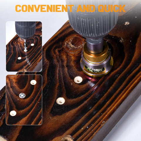 Woodworking Countersink Drill Bit Set, 7 Piece HSS Tapered Bits With One Quarter Inch Hex Shank Quick Change, in use on wood surface.