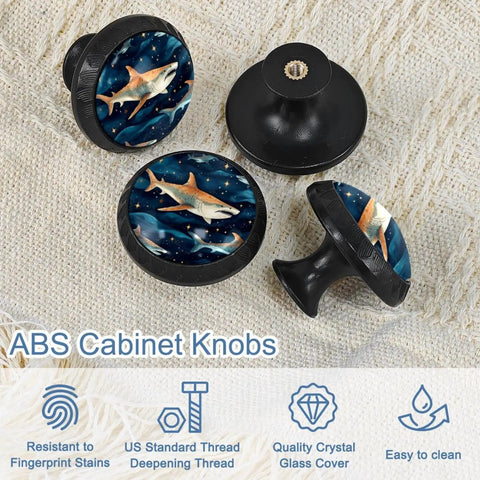 Multicolor four-piece round cabinet knobs set for drawers and doors with shark design, kid-friendly furniture pulls with screws