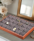 Top Tier Wooden Jewelry Organizer Tray With Plush Velvet Grids And Quick Swap Dividers For Earrings Necklaces And Pendants Keep Your Stash Sorted In This Slick Drawer Display Setup Gray on vanity with jewelry