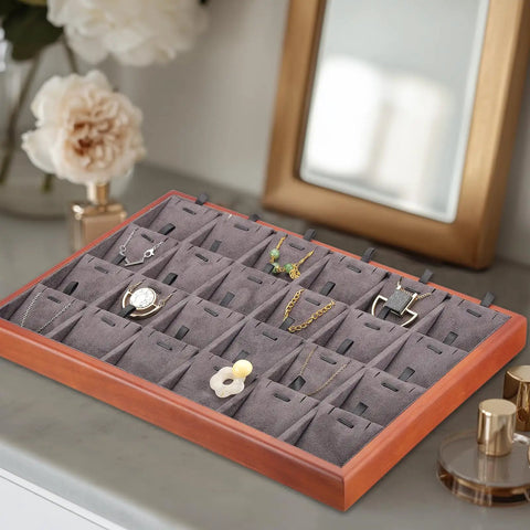 Top Tier Wooden Jewelry Organizer Tray With Plush Velvet Grids And Quick Swap Dividers For Earrings Necklaces And Pendants Keep Your Stash Sorted In This Slick Drawer Display Setup Gray on vanity with jewelry