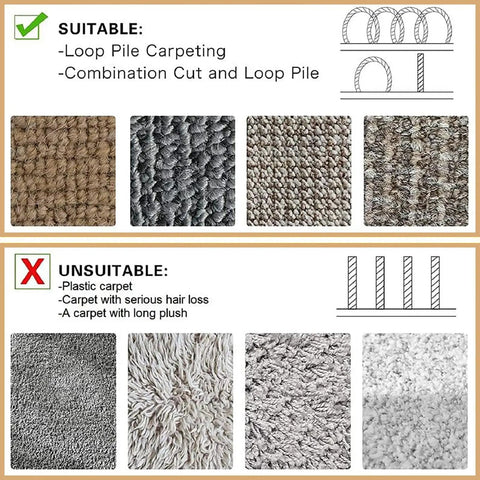 Comparison of suitable and unsuitable carpets for Long 98.43 Ft Carpet Cord Cover And Cable Protector Floor Strip For Office And Commercial Spaces Black No Fuss Hook And Loop Cable Management Cut To Length Easy Install Keeps Cables Safe From Trip Hazards