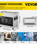 Pro Grade Heavy Duty 3 Liter Digital Ultrasonic Cleaning Bath With Adjustable Heater And Auto Timer showing product dimensions and tank size.