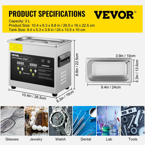 Pro Grade Heavy Duty 3 Liter Digital Ultrasonic Cleaning Bath With Adjustable Heater And Auto Timer showing product dimensions and tank size.
